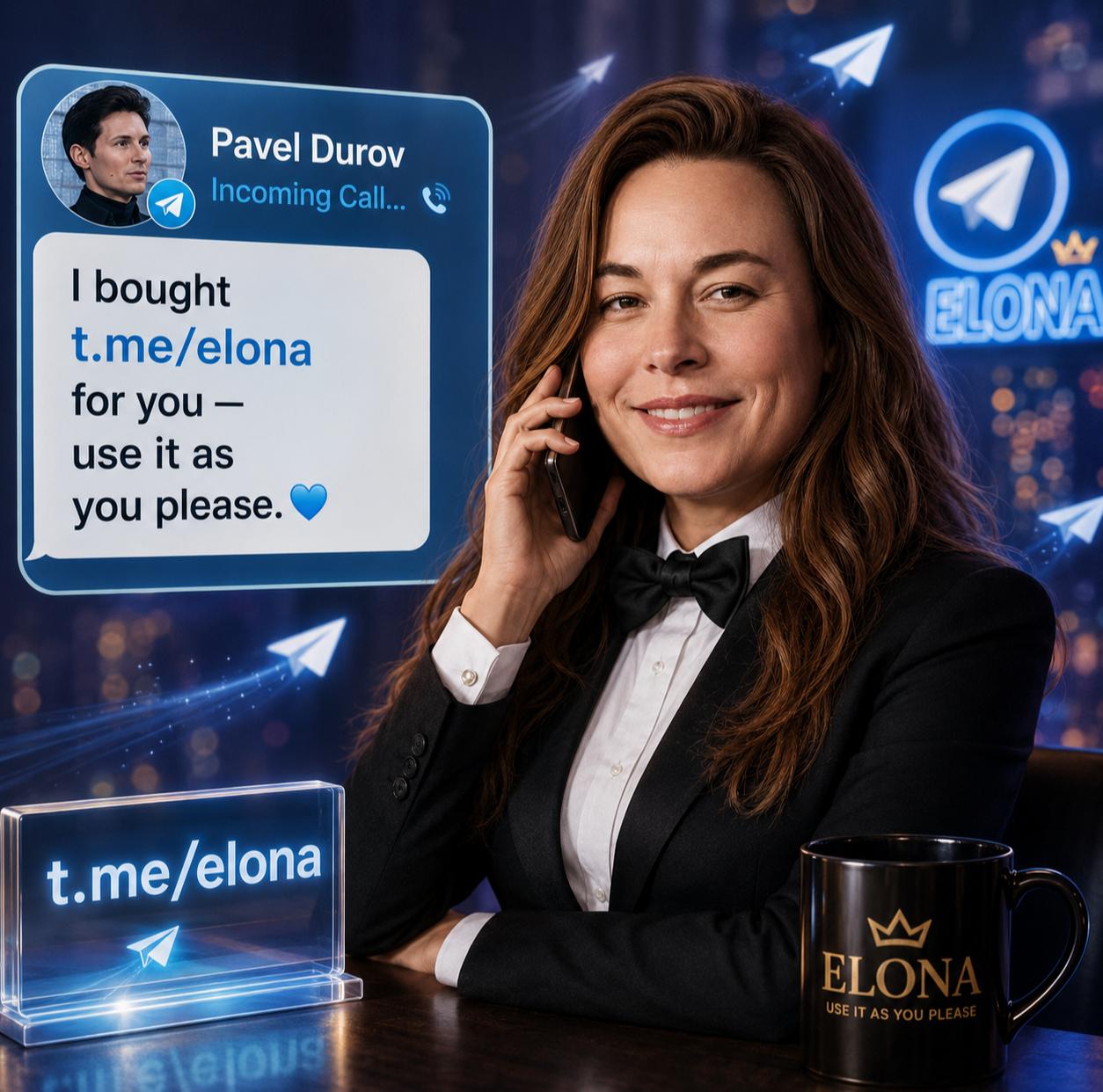 Elona on the phone with Pavel Durov, who reserved t.me/elona for her